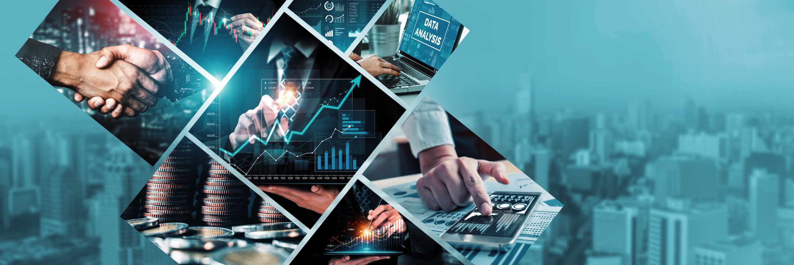 Futuristic business digital financial data technology concept for future big data analytic and business intelligence research for businessman analyst invest decisions making panoramic banner kudos